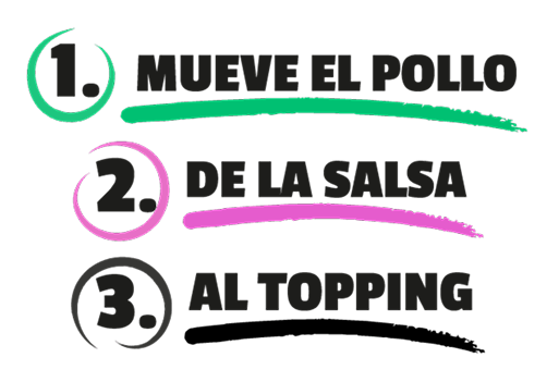 1. MUEVE EL POLLO 2. DALE A LA SALSA 3. AL TOPPING
